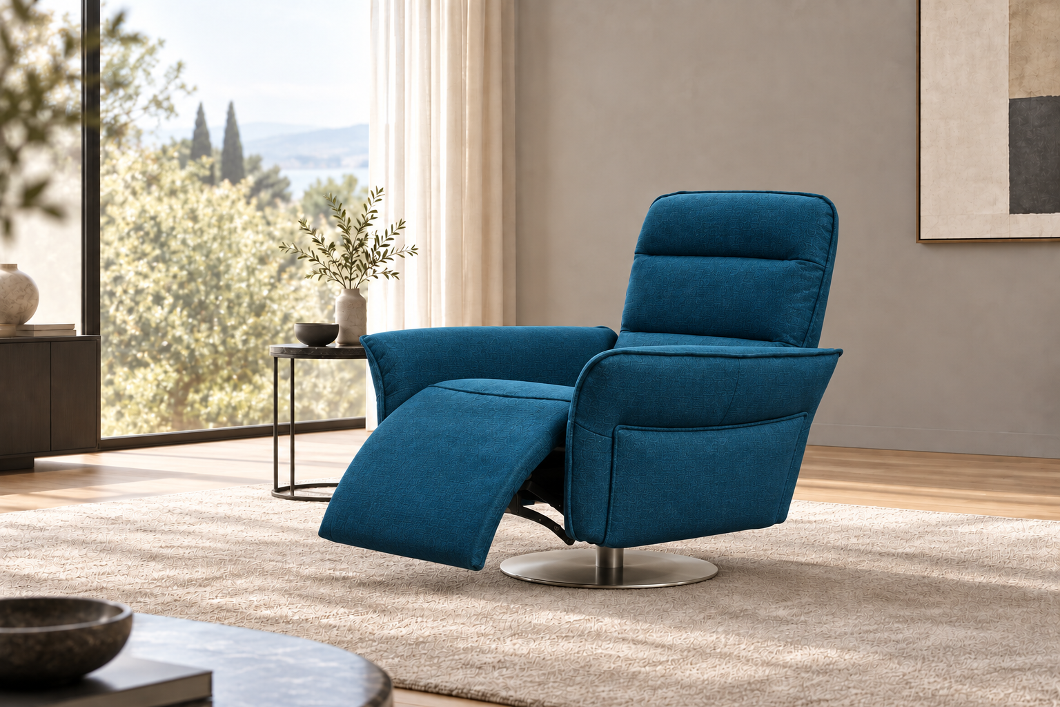Poltrona relax NEWMIRO in tessuto blu petrolio con pediera sollevata